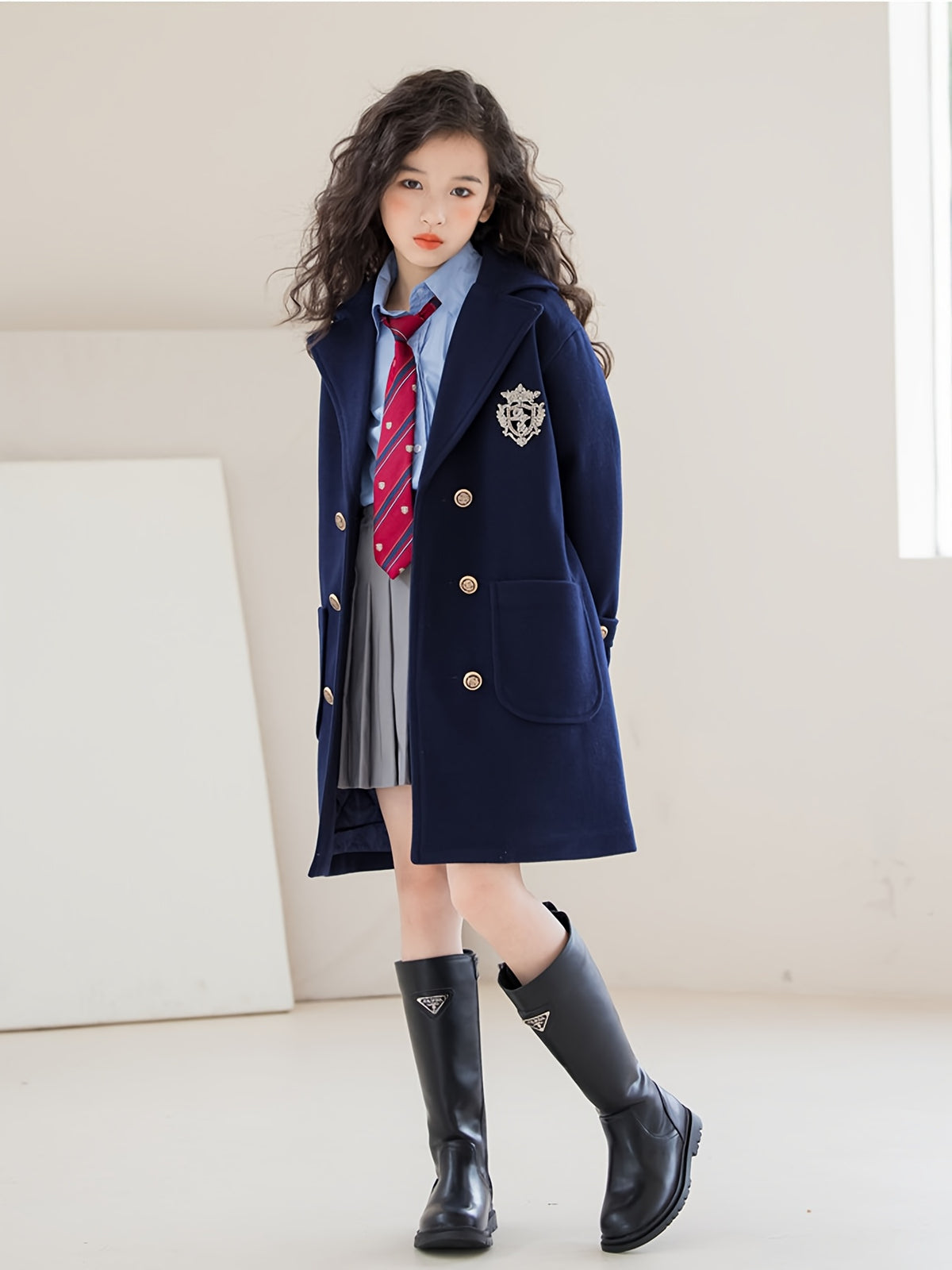 Girls' Thickened Mid-length Tweed Coat | School Style, Lapel Collar, Button Details, Regular Fit, Solid Color, Winter Warmth