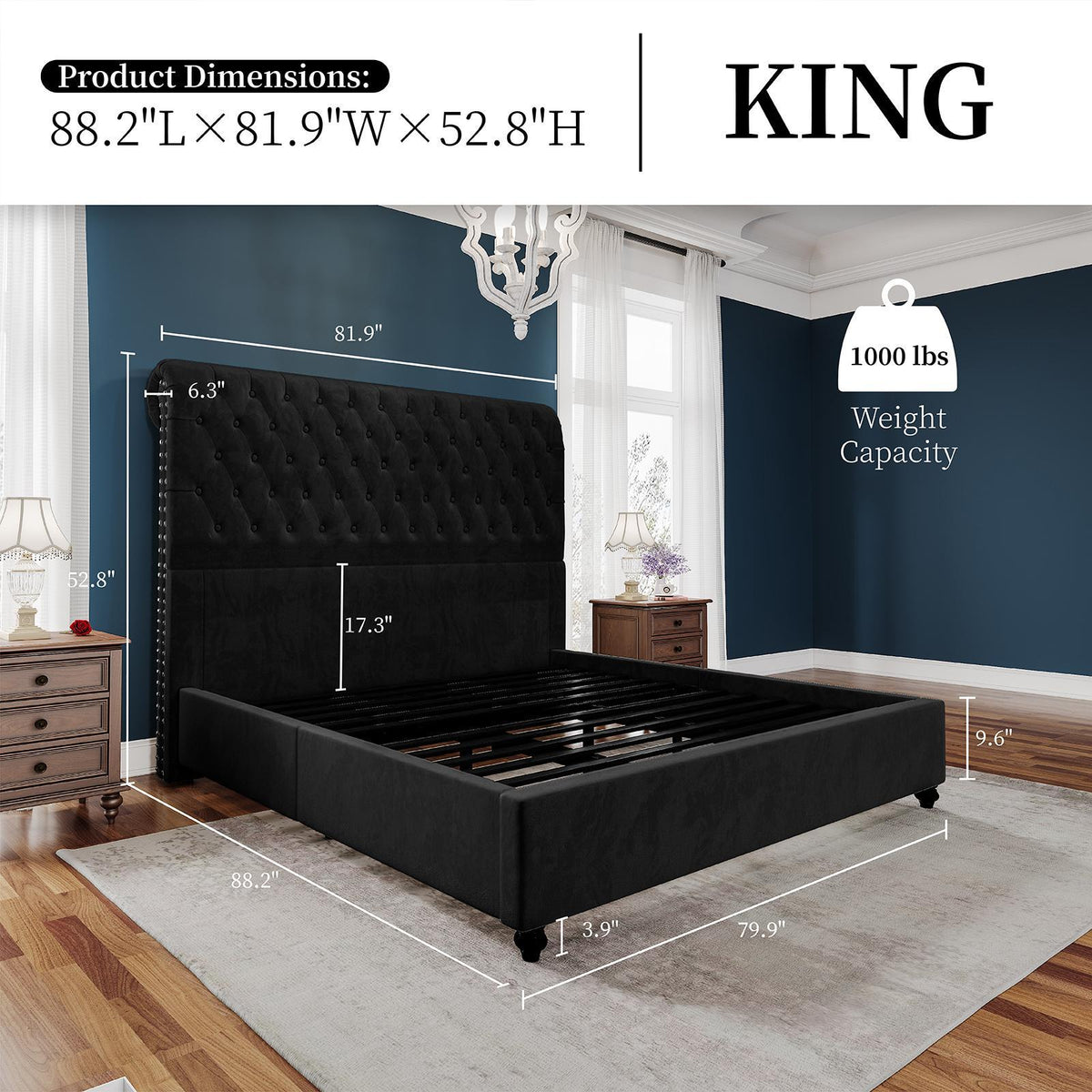 PAPABABE Upholstered Platform Bed Frame with 52.8" Sleigh Headboard - Button Tufted Design, No Box Spring Required, Easy Assembly, Durable Hardwood & Polyester, Classic Style for Modern Bedrooms, Bedroom Furniture, Elegant Be