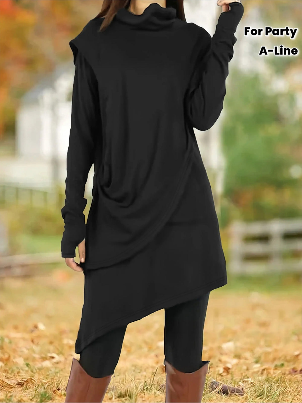 Women'S Elegant A-Line Slim-Fit Long Sleeve High Neck Dress with Short Jacket Sleeves - Solid Black Round Neck Winter Dress for Office, Party, Wedding Guest - Machine Washable Fall Winter Formal Attire, Casual to Semi-Formal