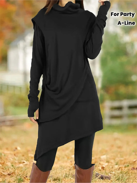 Women'S Elegant A-Line Slim-Fit Long Sleeve High Neck Dress with Short Jacket Sleeves - Solid Black Round Neck Winter Dress for Office, Party, Wedding Guest - Machine Washable Fall Winter Formal Attire, Casual to Semi-Formal