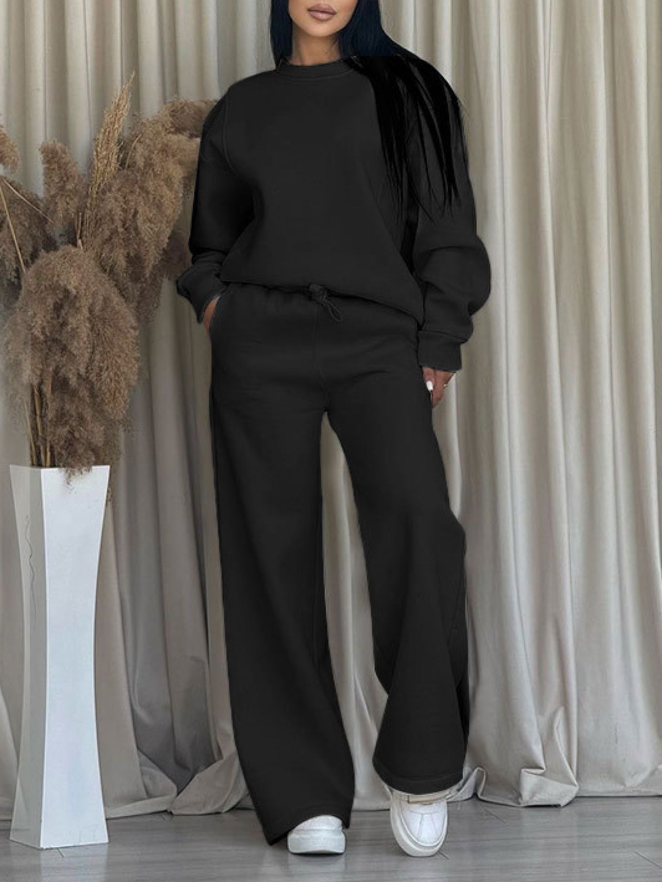 2025 autumn-winter new style solid color round neck long sleeve loose casual wide-leg pants set for women