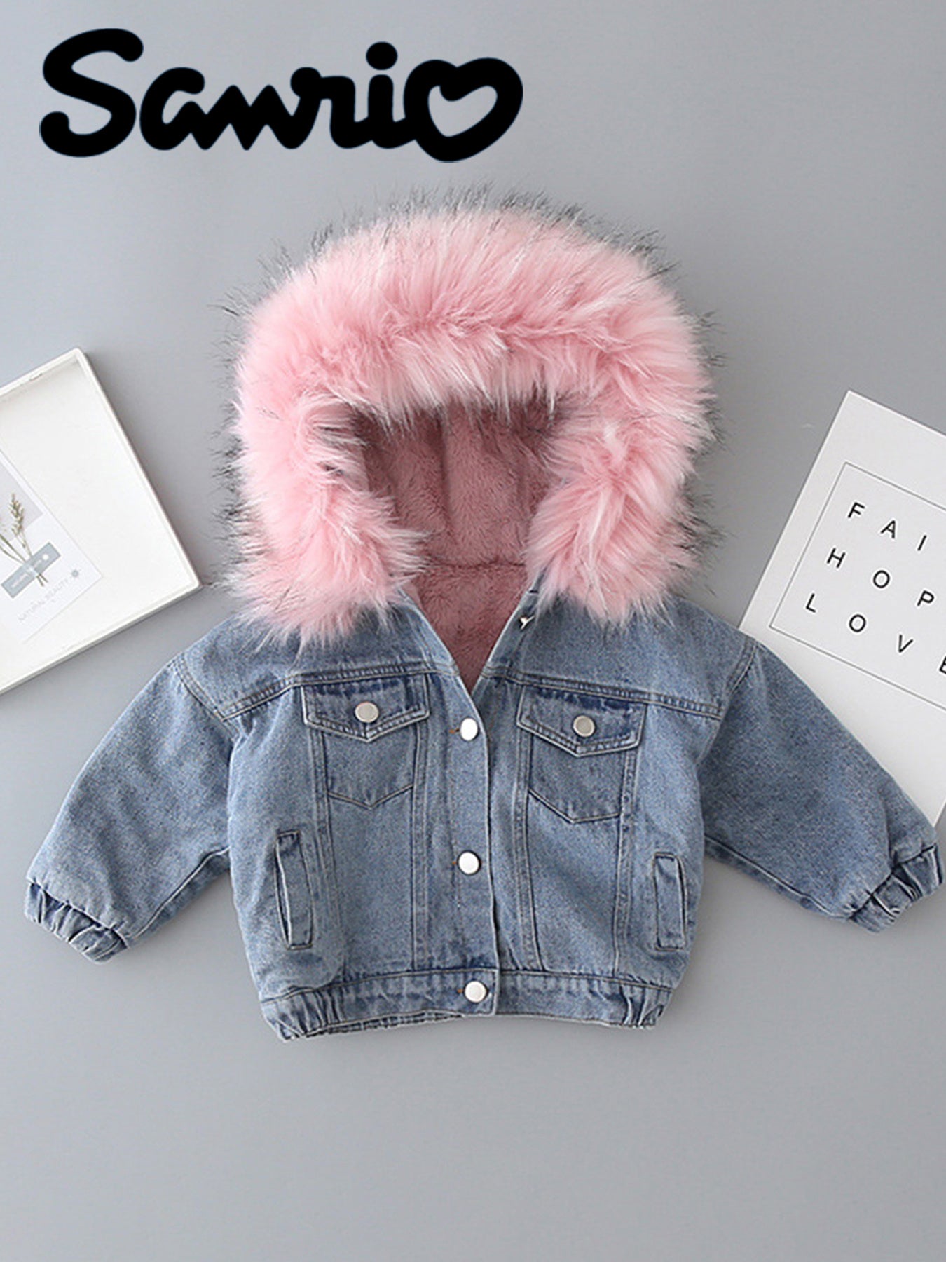 Sanrio Official Licensed Girls' Hello Kitty Kuromi My Melody Cinnamoroll Denim Jacket - Thickened Fleece-Lined Hooded Winter Coat with Pink Fleece Trim, Cute Anime Characters, Retro Style, Cozy Fall & Winter Outerwear, Perfec