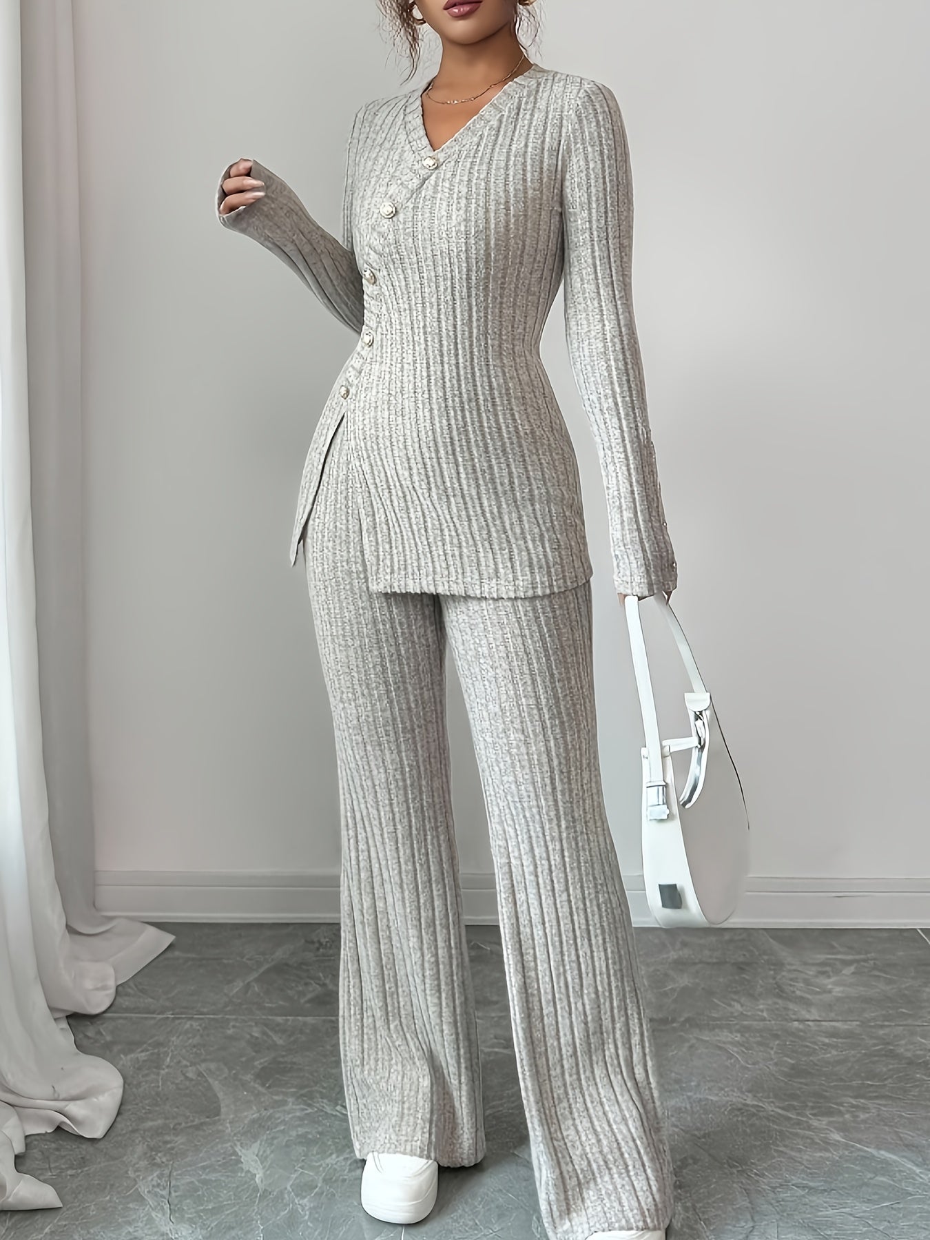 European and American Women's V-Neck Long Sleeve Button Decor Top and Pants Two-Piece Set for Autumn and Winter