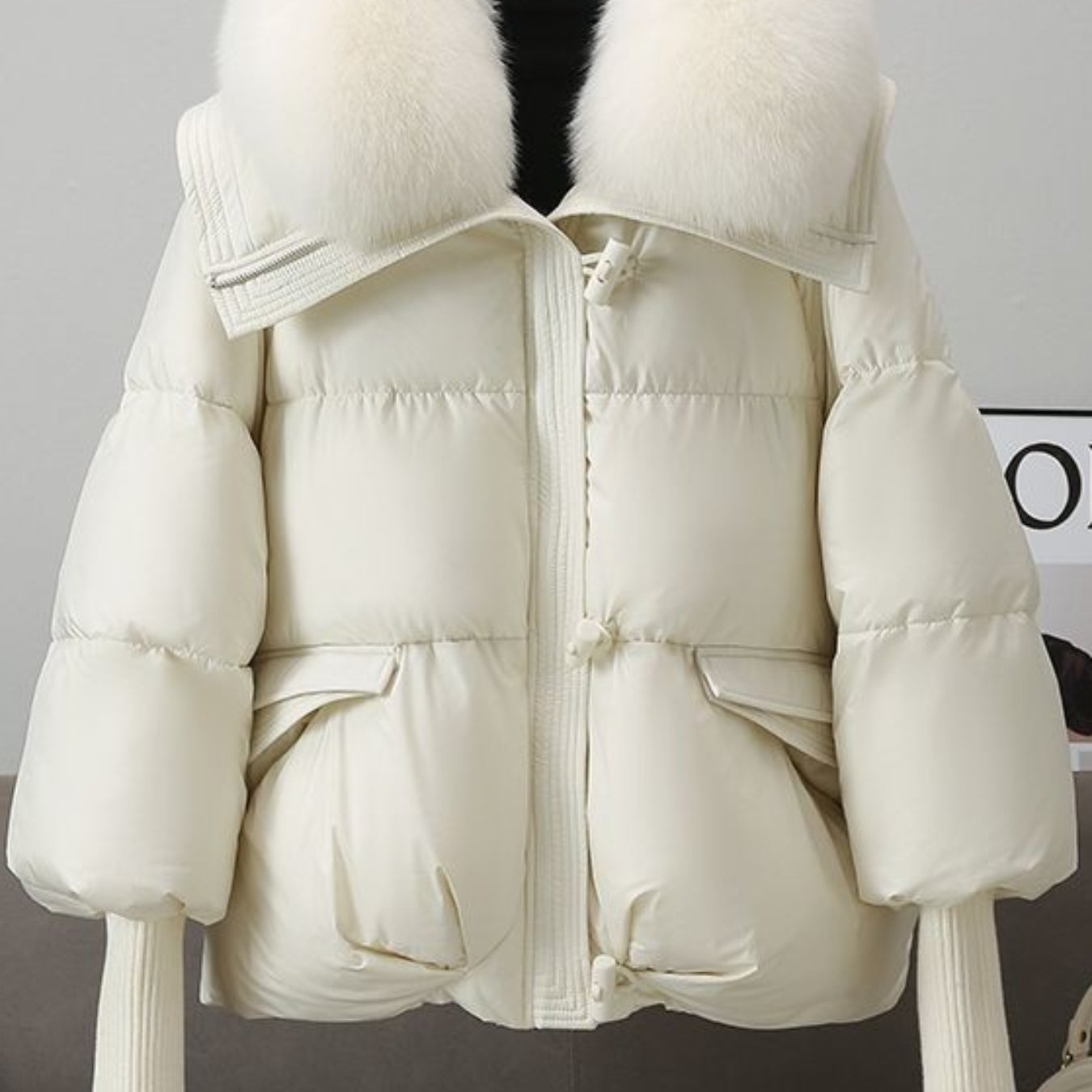 Women's Elegant Faux Fur Hooded Jacket with Thickened Fleece Lining - Windproof Winter Coat, Full-Zip Insulated Outerwear, Slim-Fit Warm Jacket with Pockets for Casual & Formal (White/Light Grey) - Cozy Fall & Winter Jacket