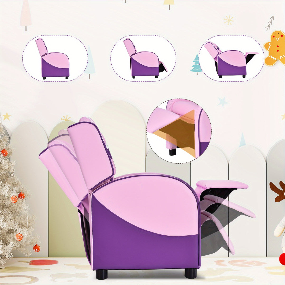 COSTWAY Ergonomic Kids Recliner Chair with Adjustable Backrest (90°-150°) & Storage Pockets, Solid Wood Frame & Faux Leather, Soft Headrest & Armrests, Non-Slip Feet, Modern Pink Armchair for Girls Ages 3-12, Supports 155 l