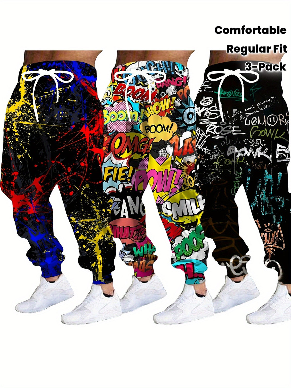 3-Pack Men's Sweatpants - Bold Comic Book Graphic Prints (BOOM!, POW!, FORGET ABOUT IT) - All-Over Graffiti Joggers - Stretch Knit Fabric Pants - Regular Fit Casual Pants - for Everyday & Formal Outfits - Perfect Gift for Tee