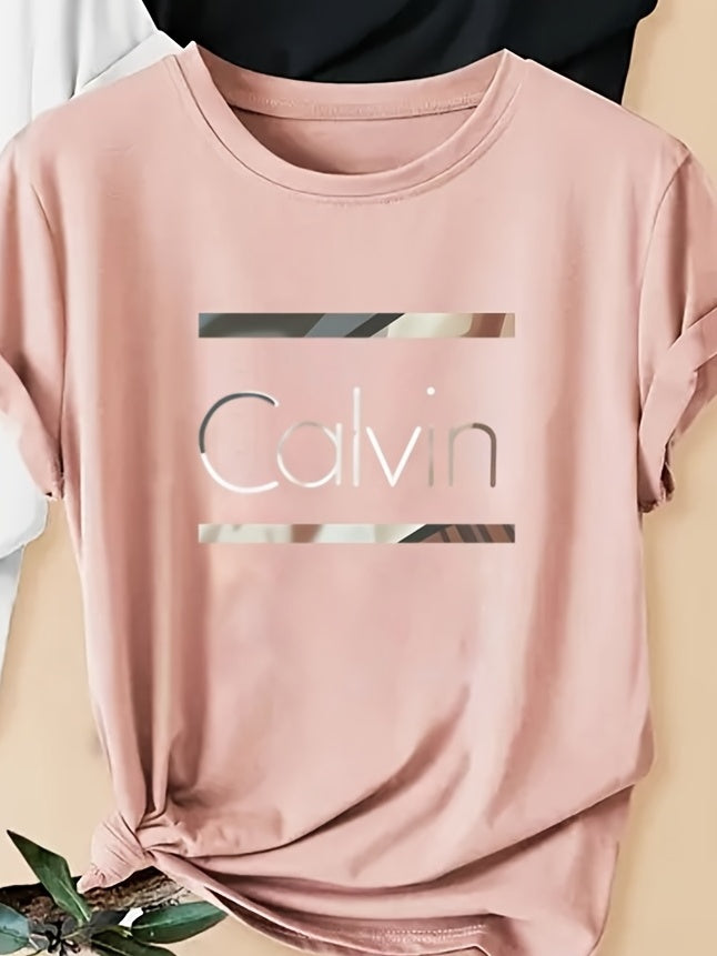 [Basic T-Shirts] 4pcs Basic Women's Letter Print Round Neck Short Sleeve T-Shirts