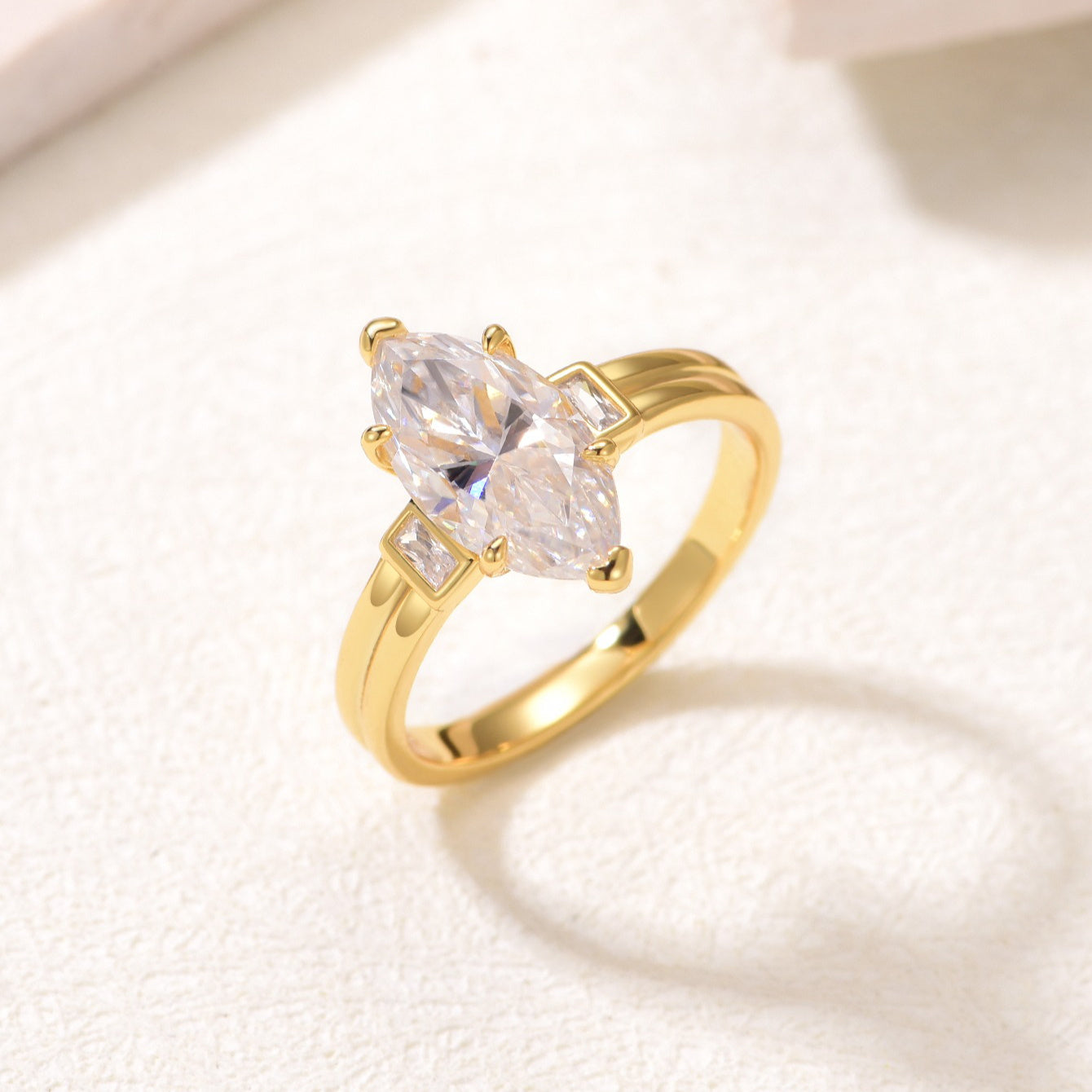 3ct Marquise Moissanite Ring 925 Sterling 925 Silver 18K Gold Plated Plated Baguette Side Stones Minimalist Geometric Jewelry Office Gift for Women