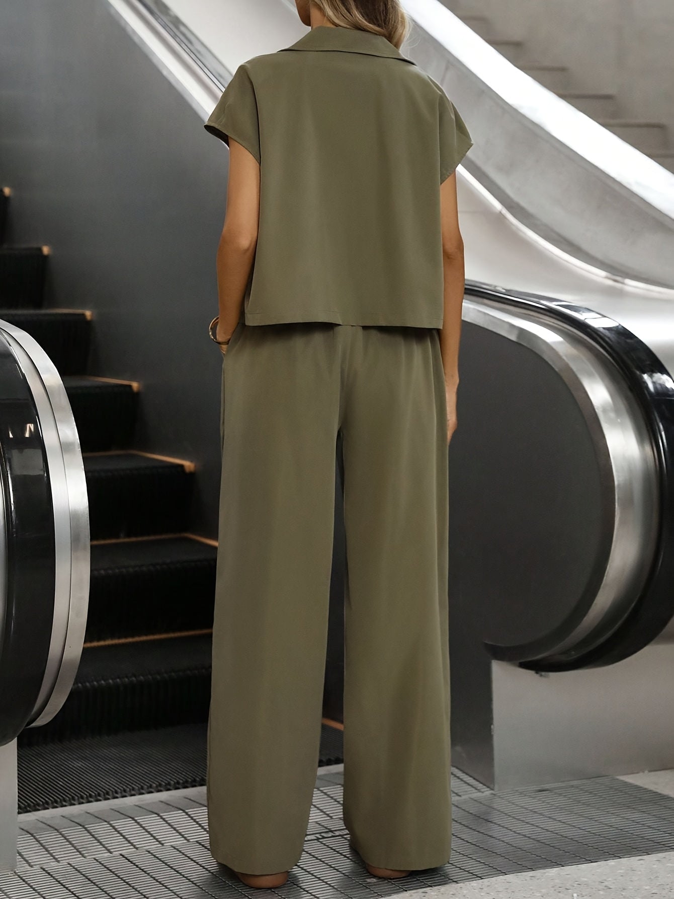 Women's Casual Solid Color Shirt and Pants 2pcs Set • Spring Summer 2pcs Set: Solid Color Button-Up Short Sleeve Top and Pocket Pants • Women's Casual Elegant Spring Summer 2pcs Outfit • Women's Outing and Date Wear •