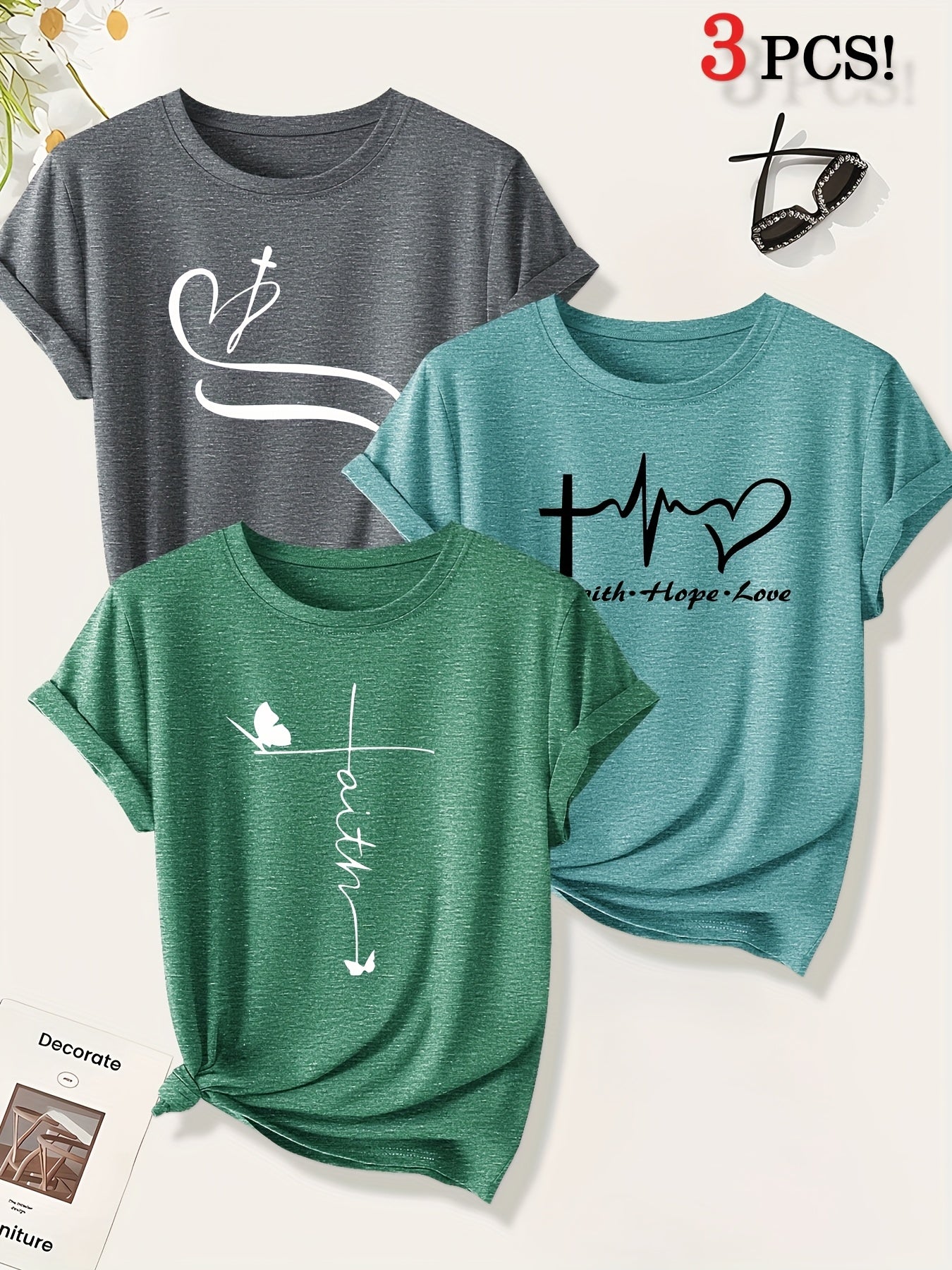 [Christian Cross T-Shirts] A Set of Three Women's Christian Cross Pattern Short-Sleeve T-Shirts Featuring Crosses, Hearts, And Butterfly Prints, Perfect for Casual Summer Wear. Stylish, Elegant, And Versatile, Available in Mu
