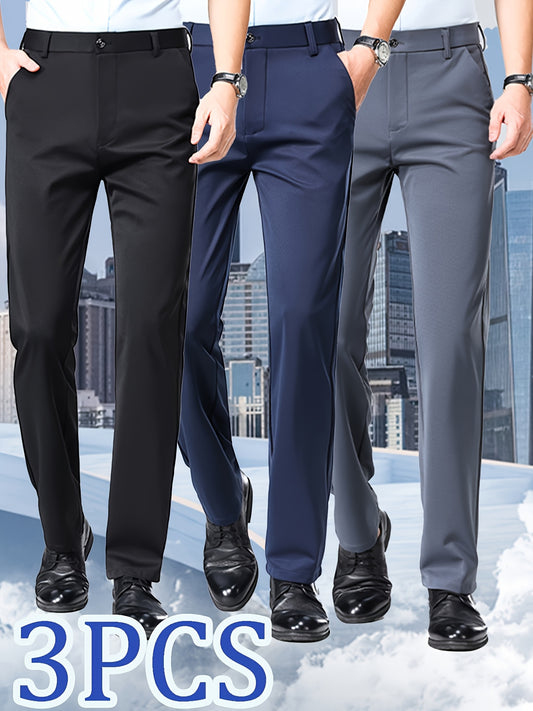 3pcs Set of Men's High-stretch Wrinkle-resistant Straight-leg Dress Pants, High-waisted Business Casual Long Pants, Button and Zipper Design, Machine Washable, Classic Solid-color Dress Pants for All Seasons, Professional Att