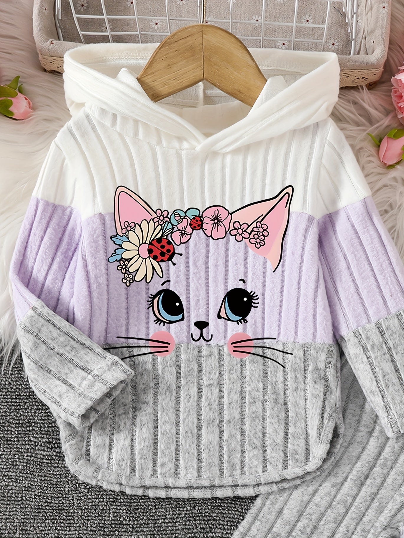 2pcs Girls' Winter Warm Hooded Sweater & Pants Set - Soft Pastel Pink & Color Block Outfit with Heart & Cat Face Appliques, Long Sleeve Pullover & Joggers, for Outdoor, Casual Attire (machine Washable)