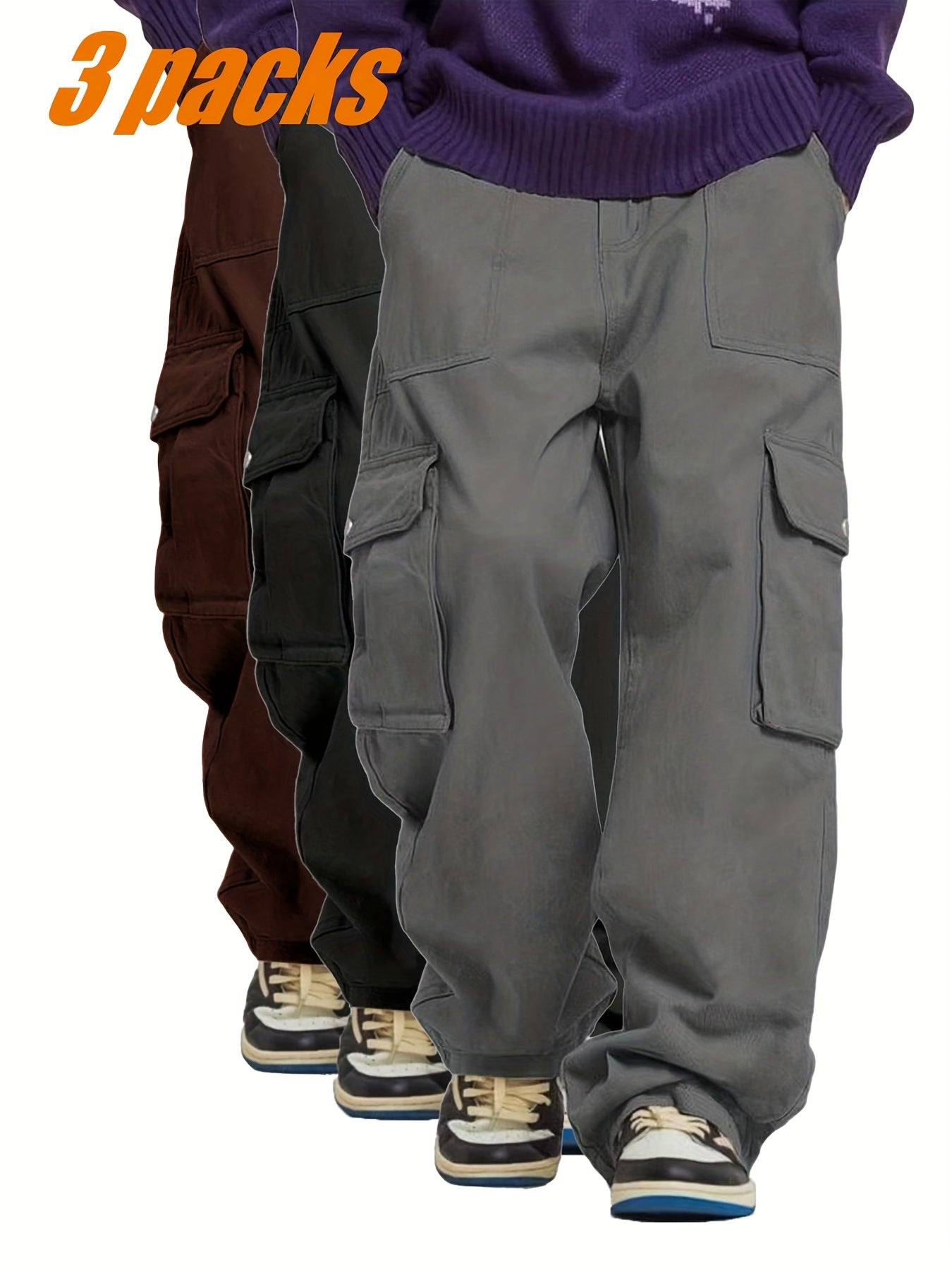 Men's casual multi-piece solid color fashionable multi-pocket cargo pants [Three-piece set]