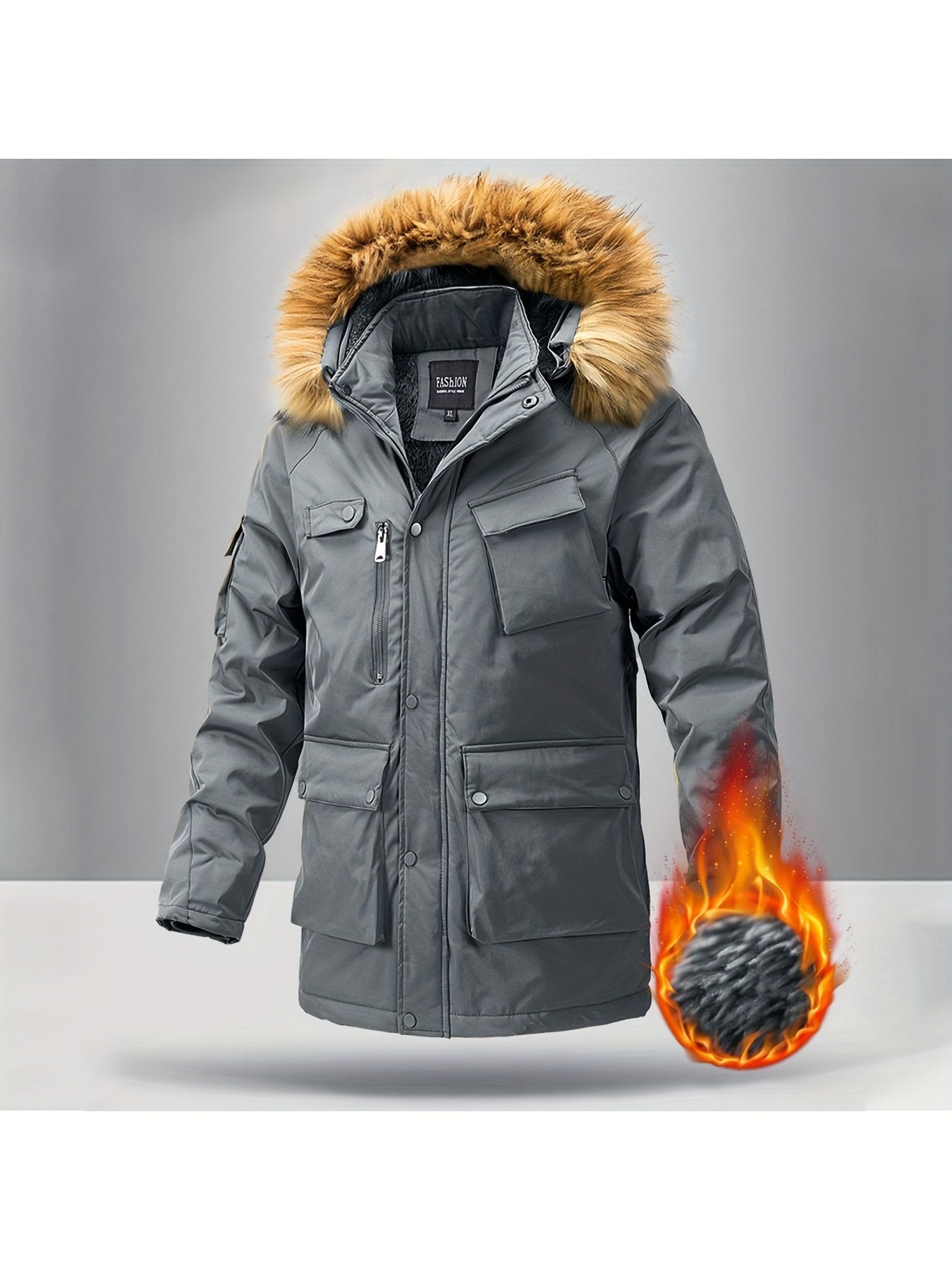 Men's Windproof Fleece-Lined Winter Parka Jacket with Hood - Full-Zip Thickened Coat, Loose-Fit Ski Hiking Coat, Zippered Pockets & Hooded Collar, Mid-Length Warm Outerwear for Snow & Cold Weather (Casual)
