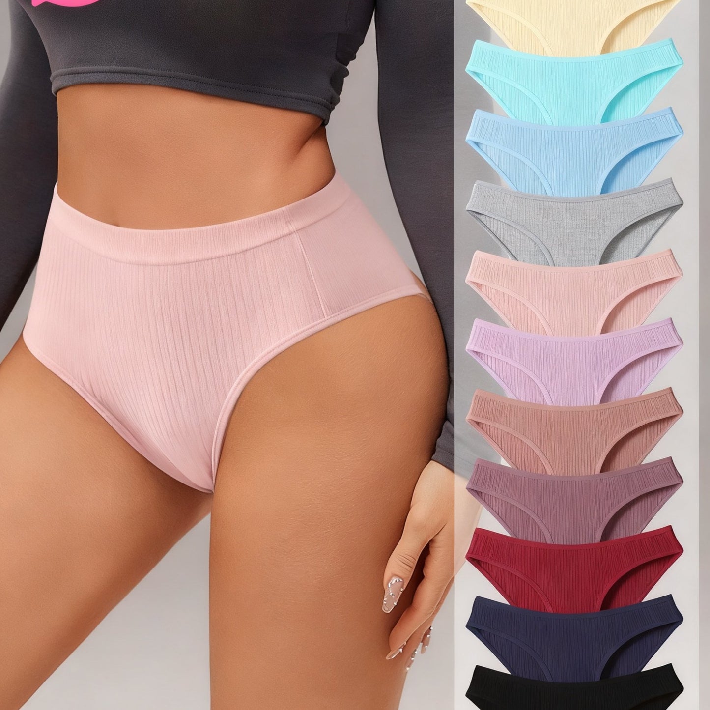 10 Sexy And Simple Solid Color Women'S Underwear, Black+Navy Blue+Purple Red+Dark Purple+Floral Gray+Light Coffee+Denim Blue+Shrimp Pink+Light Purple+Light Green+Flesh
