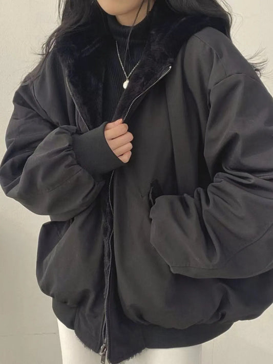 Women's Elegant Reversible Coat, Thick Fleece-Lined Winter Jacket with Hood, Loose Fit Long Sleeve Bell Sleeve, Versatile Outerwear for Casual & Formal Events, Hand Washable, Beige & Color Options, Solid Color Design, Fleece