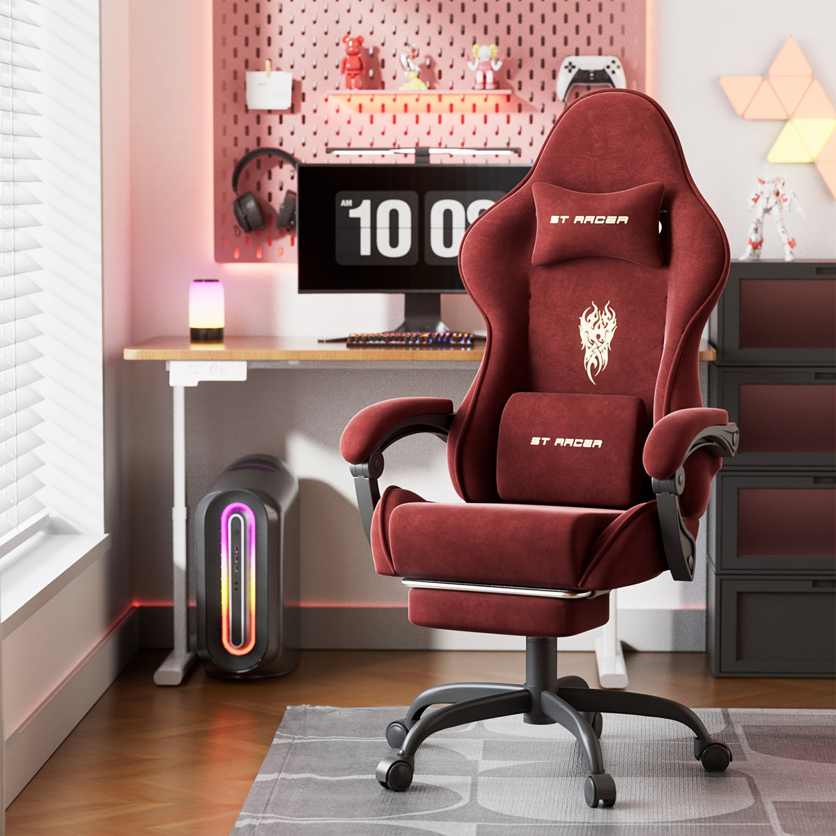 Ergonomic Velvet Fabric Gaming Chair | High Back with Massage & Footrest, Reclining, Racing Style with Headrest, Metal Frame, Wing Back, Rotating, Manual Recliner, Soontrans Brand