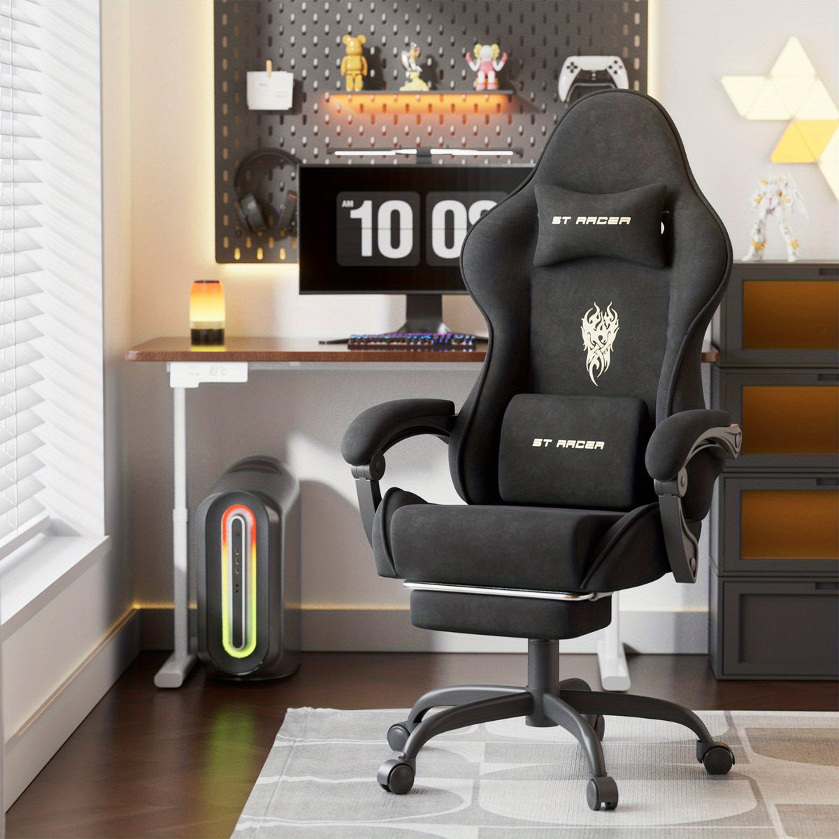 Ergonomic Velvet Fabric Gaming Chair | High Back with Massage & Footrest, Reclining, Racing Style with Headrest, Metal Frame, Wing Back, Rotating, Manual Recliner, Soontrans Brand