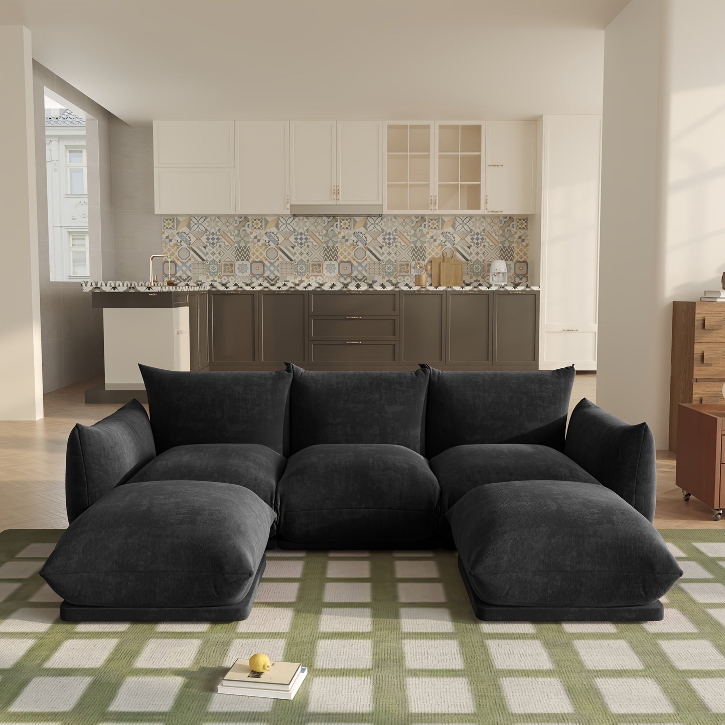 [5-Seater Modular Chenille Sofa] Modular Chenille Minimalist U-Shaped 5-Seater Sectional Sofa with Wide Reversible Chaise Ottoman for Living Room, Bedroom, Office, Apartment