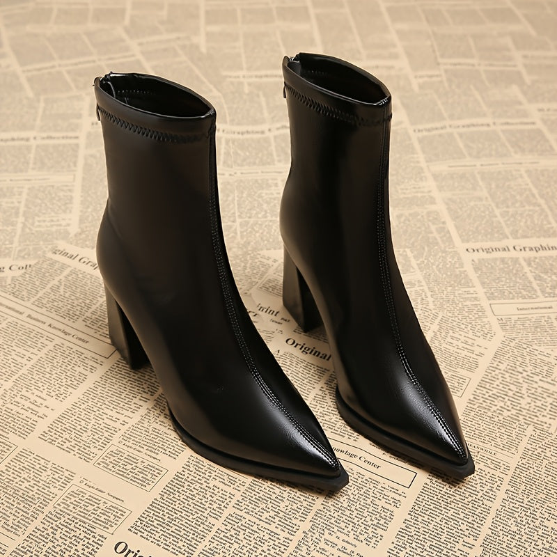 Women'S Elegant Chunky Heel Ankle Boots - Pointed Toe Zipper Closure, Glossy Synthetic Cover Round-to-Pointed Arch Support, Chunky Heel (1-2 Inches) for Fall/Winter, Versatile Dress Boots for Casual & Formal Outfits - Black &