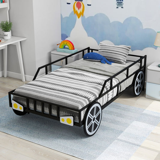 COSTWAY Twin Car-Shaped Metal Bed Frame, Kid' s Platform Bed with Wheels & Headlights Decorations, Heavy Duty Race Car Bed Base with Safety Guardrails for Boys & Girls, No Box Spring Needed, Bed for, King Size Bed Frame with