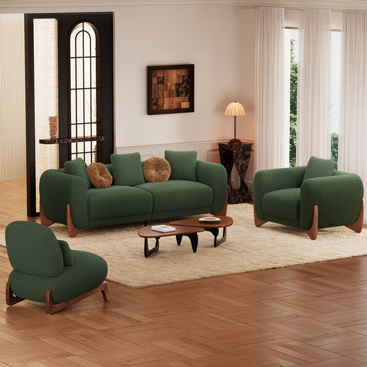 Morden Fort Modern Cloud Couch - 3 Seater Sherpa Boucle Sofa with Wood Legs, Ultra-Thick High Resilience Cushion with 3 Matching Pillows Upholstered Comfy Couch Sofa for Living Room - Black/Green