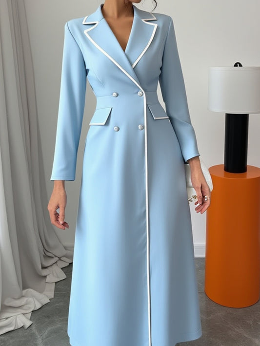 Women'S Light Blue Double-Breasted Maxi Dress with Notch Lapel Collar & Structured Waist - Elegant Tailored Formal & Semi-Formal Outfits, Solid Color Long Dress for Autumn/Winter, Office, Weddings, Business Events - Versatile