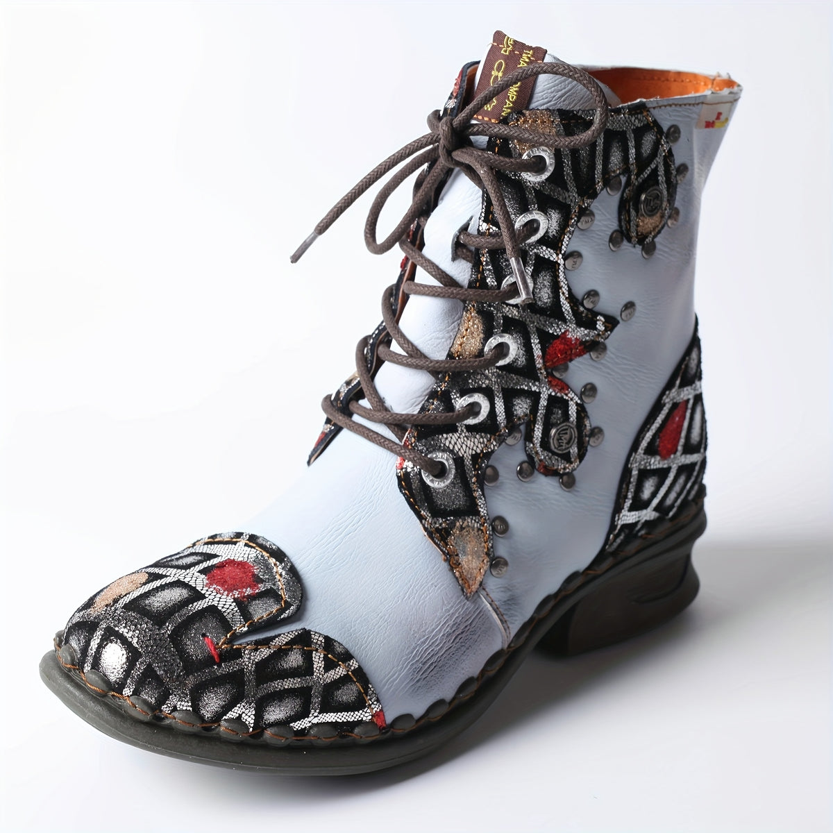 TMA EYES Women'S Western Style Low Heel Ankle Boots with Lace-Up Closure, Round Toe & Flat Sole - Genuine Leather Upper, TPR Sole, Black with Red & White Patchwork Design for Casual & Travel, Cowgirl Boots