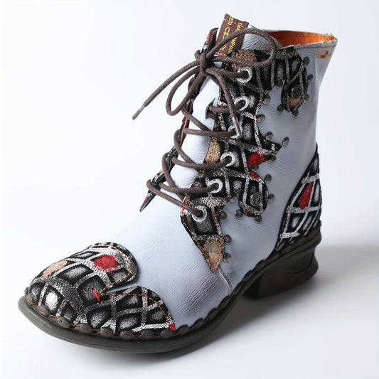 TMA EYES Women'S Western Style Low Heel Ankle Boots with Lace-Up Closure, Round Toe & Flat Sole - Genuine Leather Upper, TPR Sole, Black with Red & White Patchwork Design for Casual & Travel, Cowgirl Boots