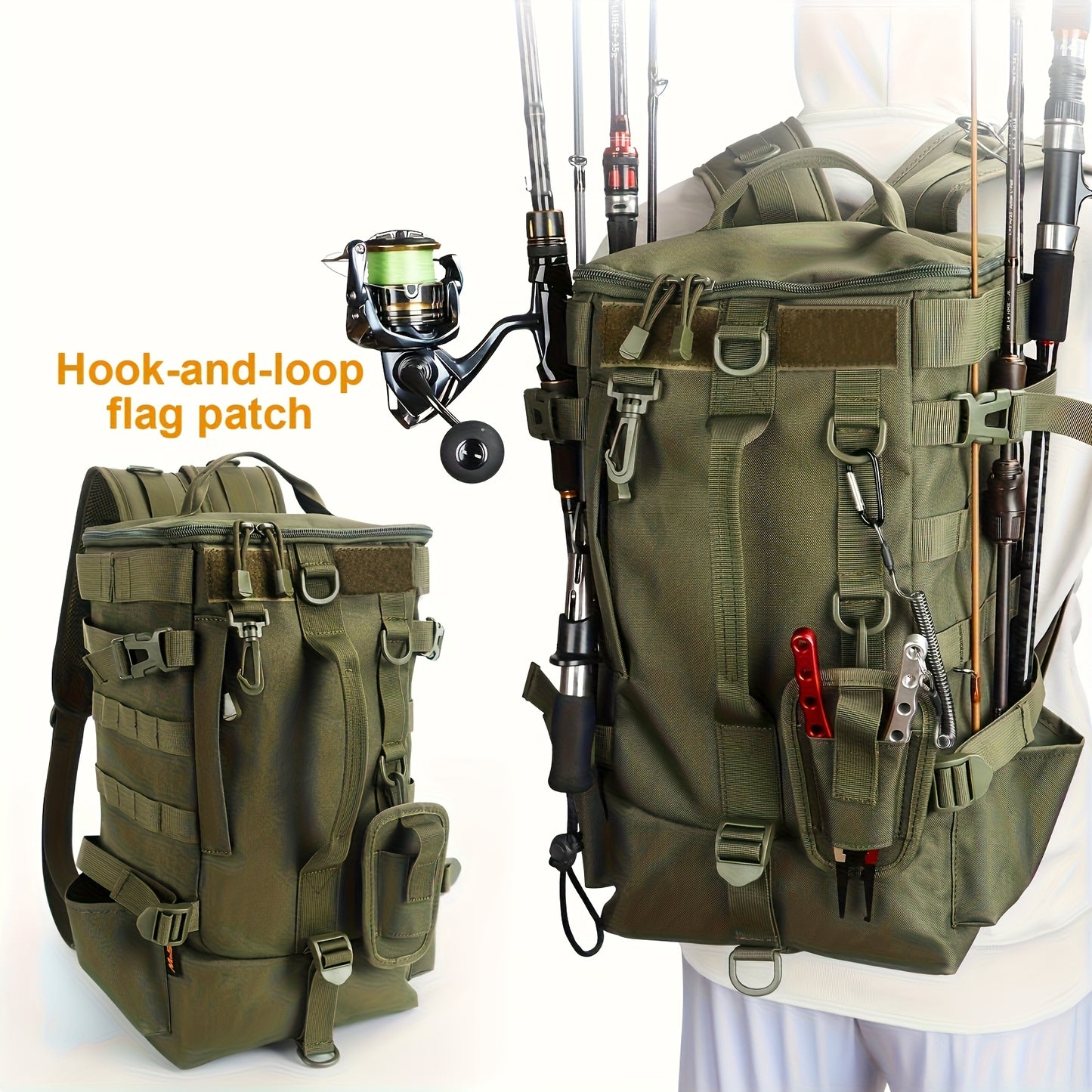 Heavy-Duty Nylon/Polyester Fishing Backpack with Rod Holder & Multiple Zippered Compartments - Large Capacity Tackle Organizer, Padded Back Panel & Side Pockets for Freshwater/Saltwater Fishing, Camping, Hunting Gear - Durabl