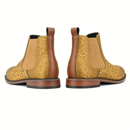 Men's Retro Boots with Blue Floral Embroidery, Trendy Ankle Boots for Casual Attire, Slip-On Design, Durable PU Upper & Rubber Sole, Perfect for Casual Outings & Outdoor Adventures