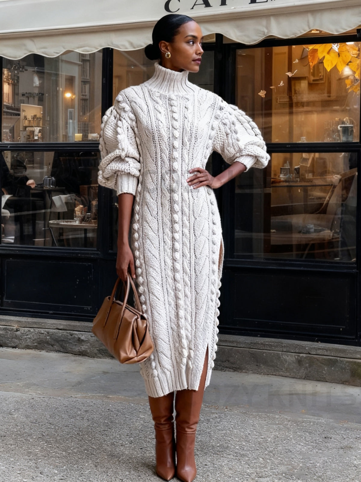 Elegant Women'S High-Neck Sweater Dress with Lantern Sleeves and Pearl Embellishments - White, Knee-Length, A-Line Silhouette, Perfect for Fall Fashion, Autumn Fashion | Pearl Embellished Dress | Construction, Sweater Dress