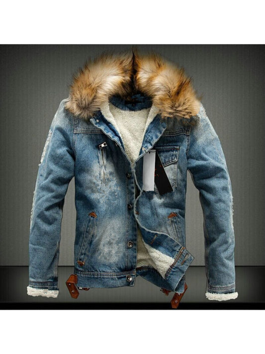 Men'S Heavy-Duty Thickened Fleece Denim Jacket - Winter Warmth Large Size Workwear Coat with Fur-Like Collar,, Functional Pockets & Regular Fit - Ideal Holiday Gift for Men & Teens (Casual to Semi-Formal Outfits)