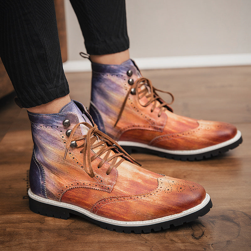 Men's Mid-Calf Lace-Up Boots - Red Business Casual Shoes with Round Toe, Breathable PU & Rubber Sole for All-Season Versatile Wear, Stylish Dress Boots for Office & Everyday Use