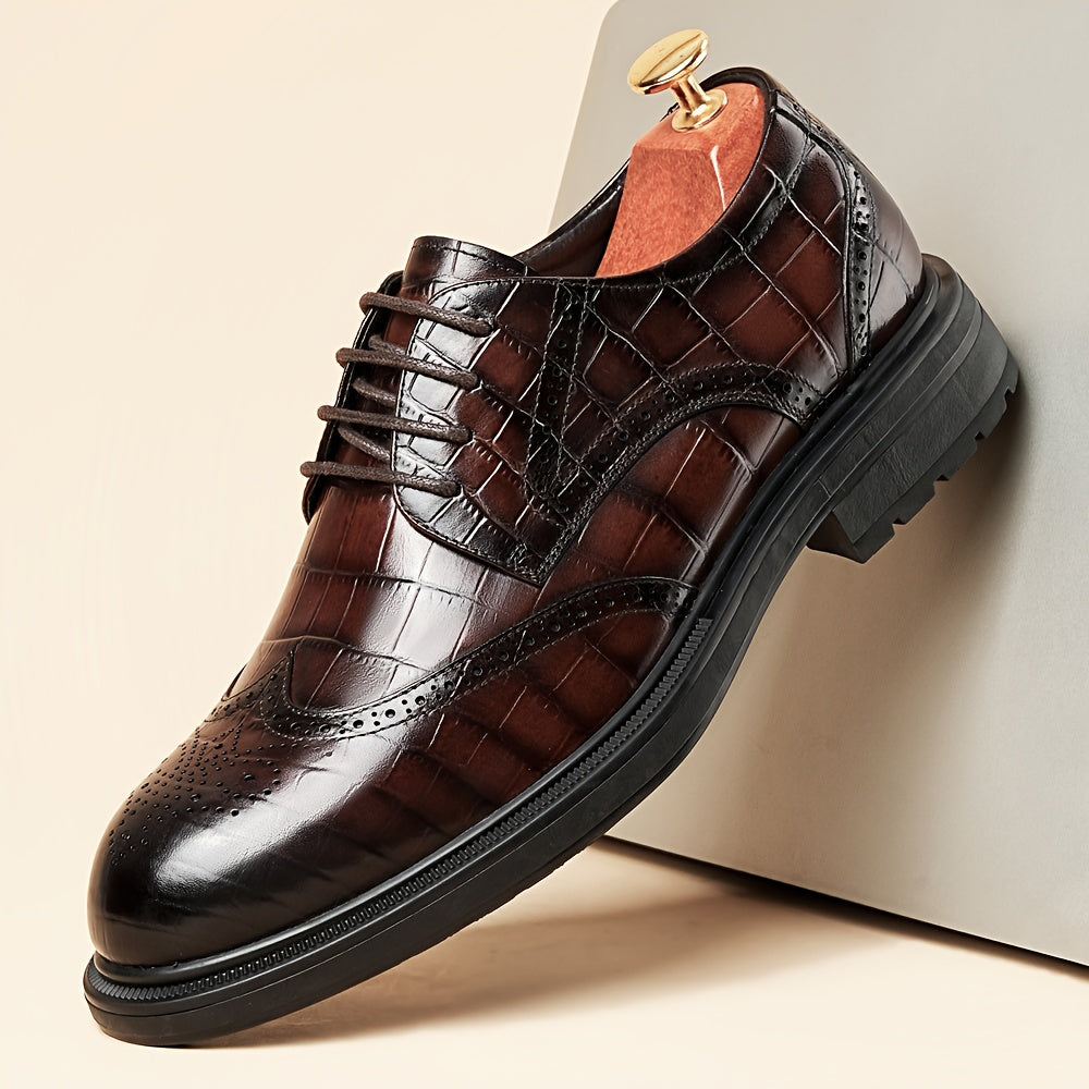 Men'S Genuine Leather Classic Brogue Oxford Shoes - First Layer Cowhide Upper & Pigskin Lining, Non-Slip Rubber Sole, Round Toe Short Design with Decorative Brogue Pattern, All-Season Versatile Dress Shoes for Business, Casua