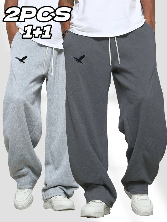 [Eagle Print | Sports Pants] 2pcs Men's Eagle Print Sports Pants | Casual, Adjustable Drawstring, Straight Leg, Trendy Gift for Father or Husband