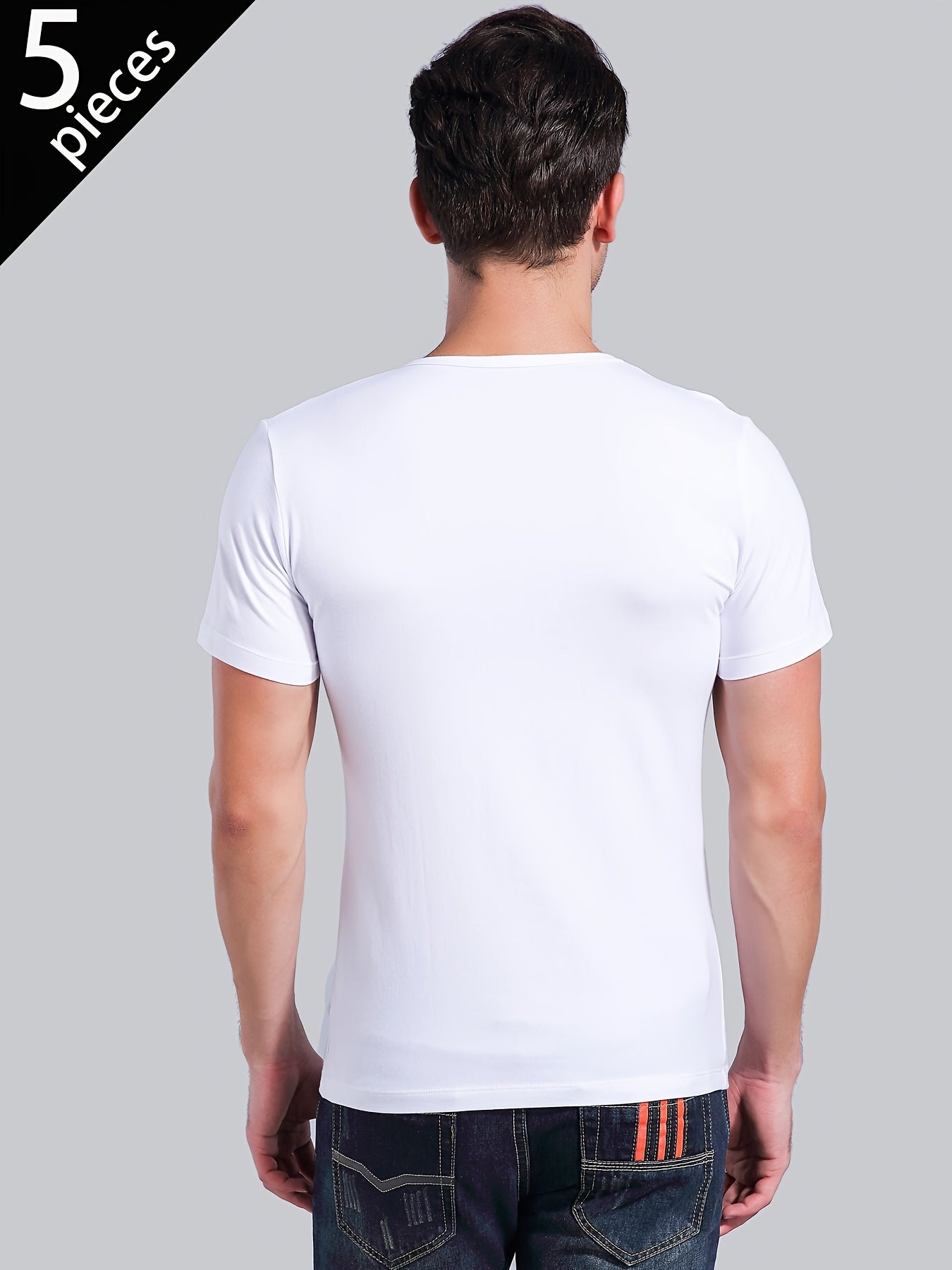 [5pcs Men's White Tees] 5pcs Men's White Solid Color Short-Sleeve T-Shirts - Tight-Fit Breathable Round Neck Gym Basic Tees for Fitness, Underwear & Layering | Year-Round Casual Wear | Bulk Pack for Cost Savings (s/SMen)