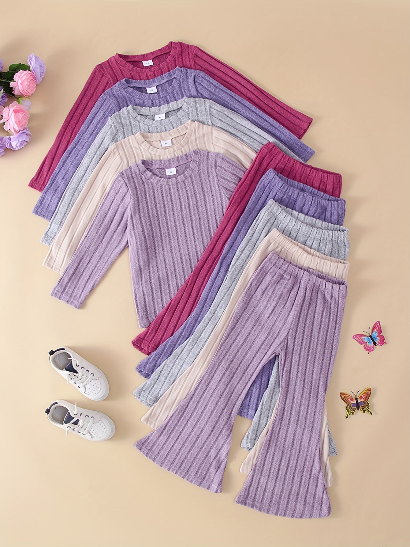 [Soft Knit Girls' Outfits] 10pcs Set of Girls' Soft Knit Casual Outfits | Ribbed Long Sleeve Flare Pants, Solid Color, Perfect for Outdoor