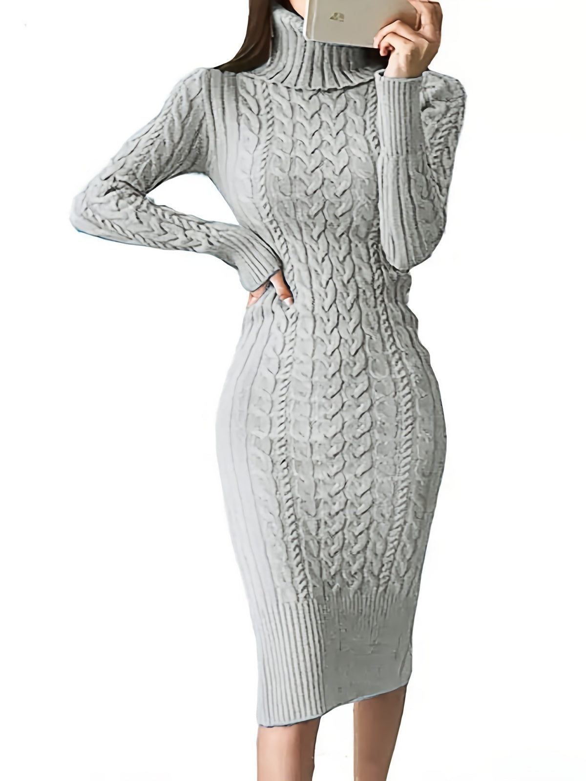 Womens Fashion Long Sleeve Turtleneck Sweater Dresses Knitted Bodycon Midi Sheath Jumper Dresses