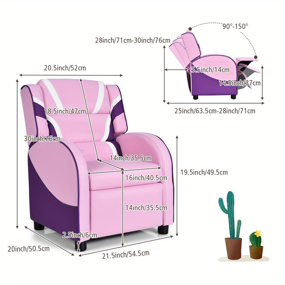 COSTWAY Ergonomic Kids Recliner Chair with Adjustable Backrest (90°-150°) & Storage Pockets, Solid Wood Frame & Faux Leather, Soft Headrest & Armrests, Non-Slip Feet, Modern Pink Armchair for Girls Ages 3-12, Supports 155 l