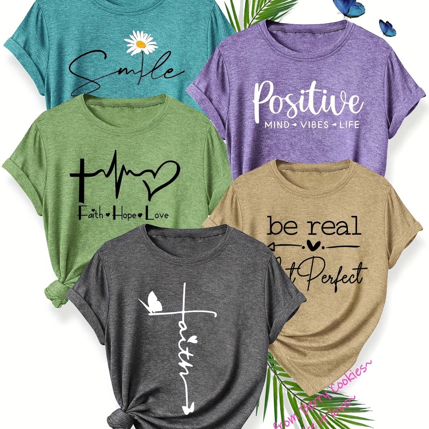 5pcs Women's T-Shirt Set, "Be Real" & "Smile" Inspirational Quotes, Heart & Flower Designs, Soft Polyester, Round Neck, Short Sleeve, Spring/Summer/Fall Casual Wear, Sizes S-XXL, Spring Summer Apparel, Playful Graphic Tees, M