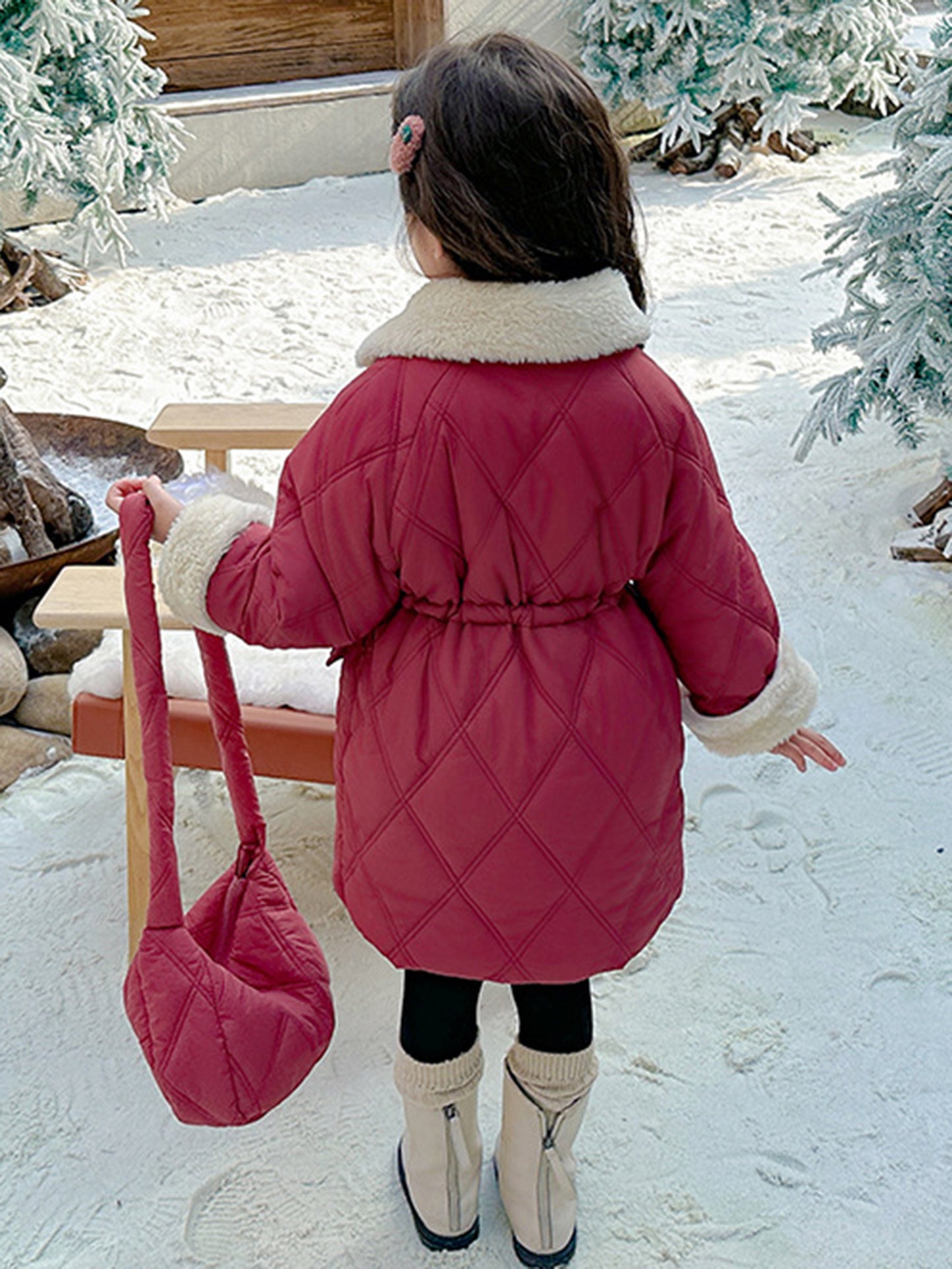 2pcs Girls' Winter Warmth Fleece-Lined Windbreaker Coat & Matching Bag Set - Thickened Cold Weather Jacket with Zipper Closure, Cozy Casual Style