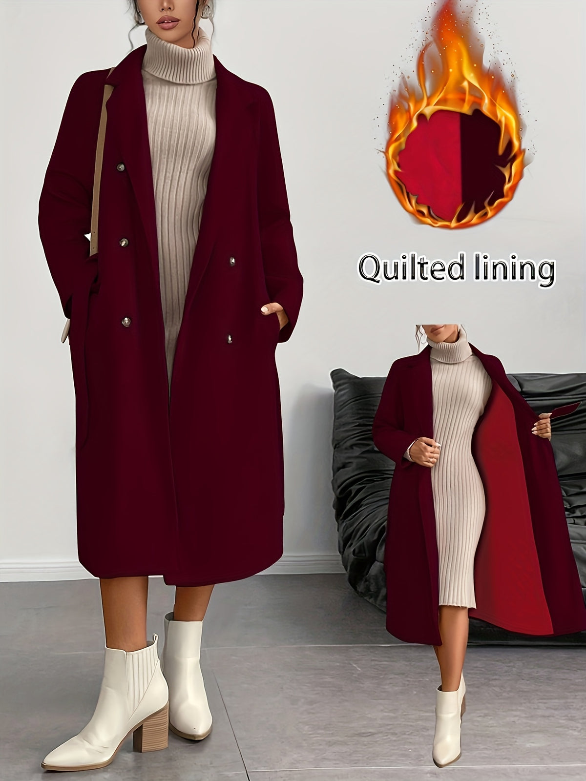 Women'S Burgundy Winter Coat Jacket - Elegant Structured Lapel Collar & White Piping Trim, Machine Washable Warm Outerwear with Solid Color Button Front Closure, Long Sleeve Tailored Blazer for Casual & Formal Daily Wear, Off