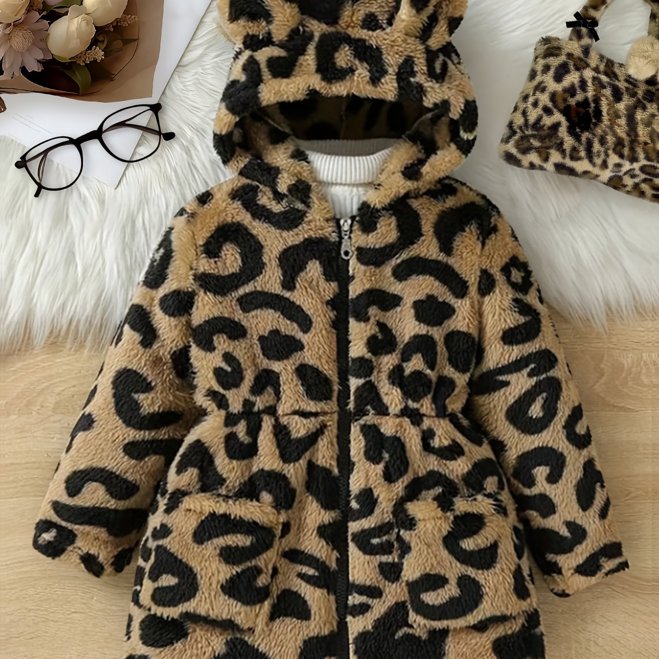 Girls' Winter Leopard Print Hooded Jacket with Pockets - Cozy Faux-Fur Trim Long Sleeve Coat, Black & Brown Spots, Machine Washable Casual Outerwear for Everyday, Parties & Travel - Stylish & Warm Fall/Winter Outer Layer, Com
