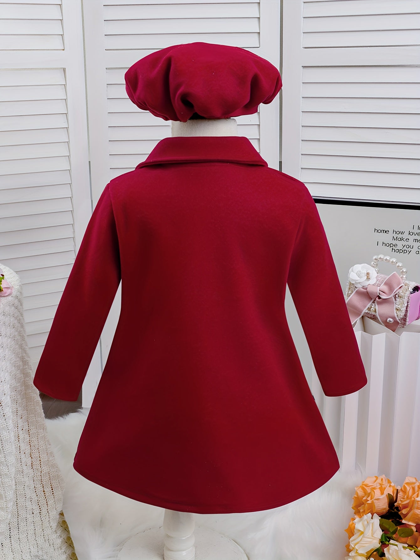 Girls' Autumn-Winter Fashion Bow Tie Coat with Lapel, Solid Color Open Front Fleece Overcoat & Hat Decorated by Bows