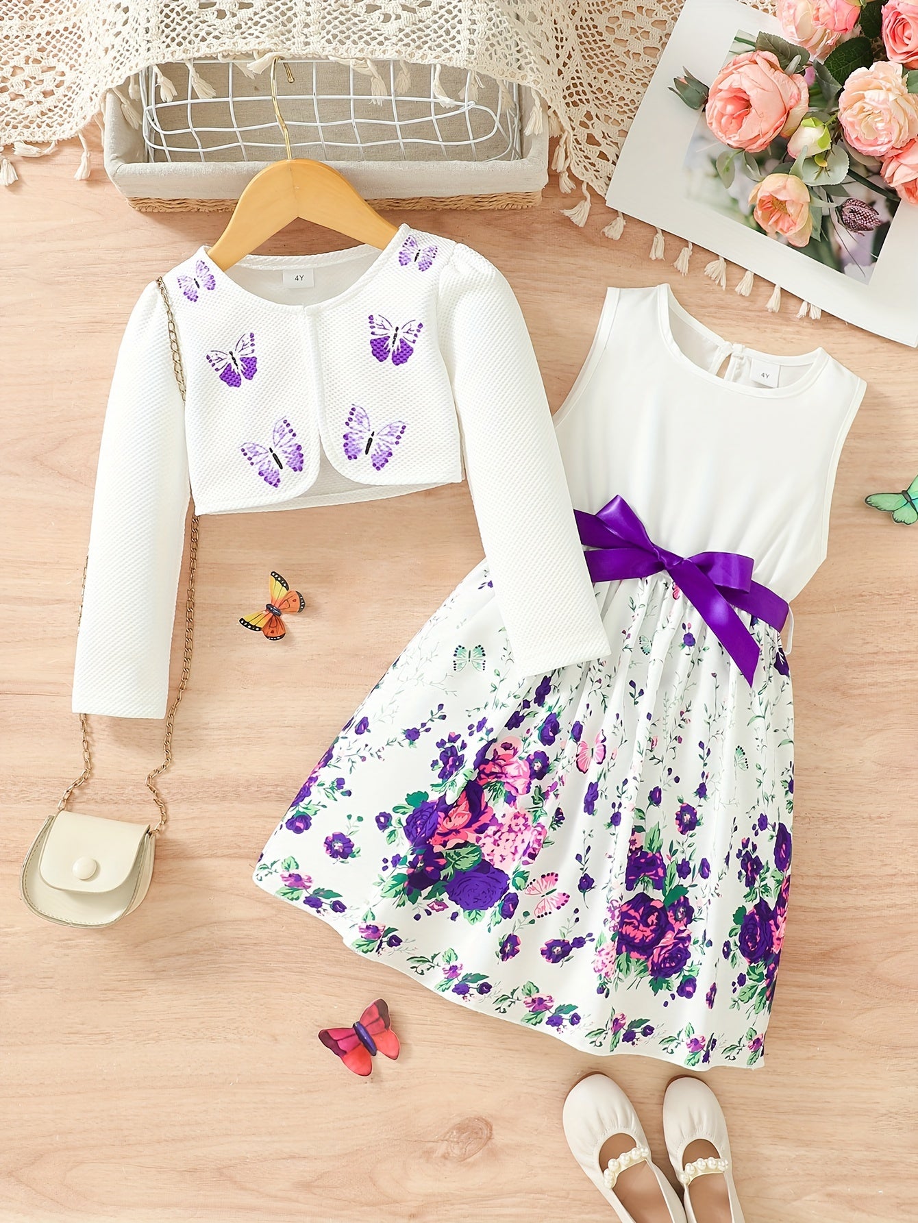 [Cute | Casual] 2pcs Cute Little Girl Butterfly Dresses | Floral Tank Dress And Graphic Cardigan Top Set | for Casual Look, Kids Clothing Gift