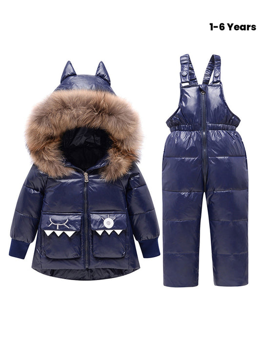2pcs Windproof Hooded Jacket+ Suspender Snow Pants for Girls& Boys, Winter Thickened Warm Hooded Ski Outfit, Kids' Outdoor Sports Ski Suit, Ski Suit for Kids, Snow Play Clothes, Winter Clothing, Functional Kids Wear, Sporty D
