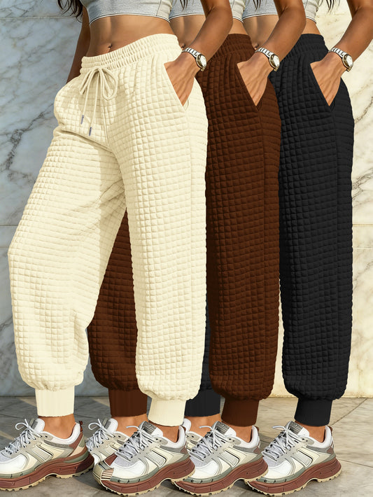 [Women's 3pcs Casual Set] Women's Casual 3pcs Set - Solid Color Waffle Drawstring Ribbed Trousers - Polyester - Machine Washable - Suitable for Casual Attire