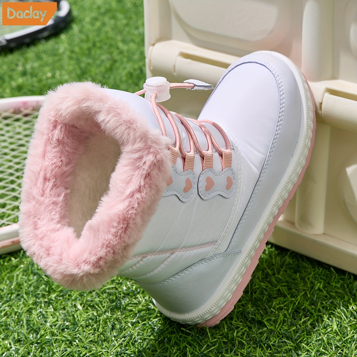 DACLAY Boys & Girls All-Weather -like Snow Boots - Lace-Up High-Top Winter Boots with Lacing System, White/Pink/Clear Strap & Heart Buckle, PU Sole & Arch for Girls & Boys ( to Youth) - All-Season Outdoor Shoes for Ice, Snow,