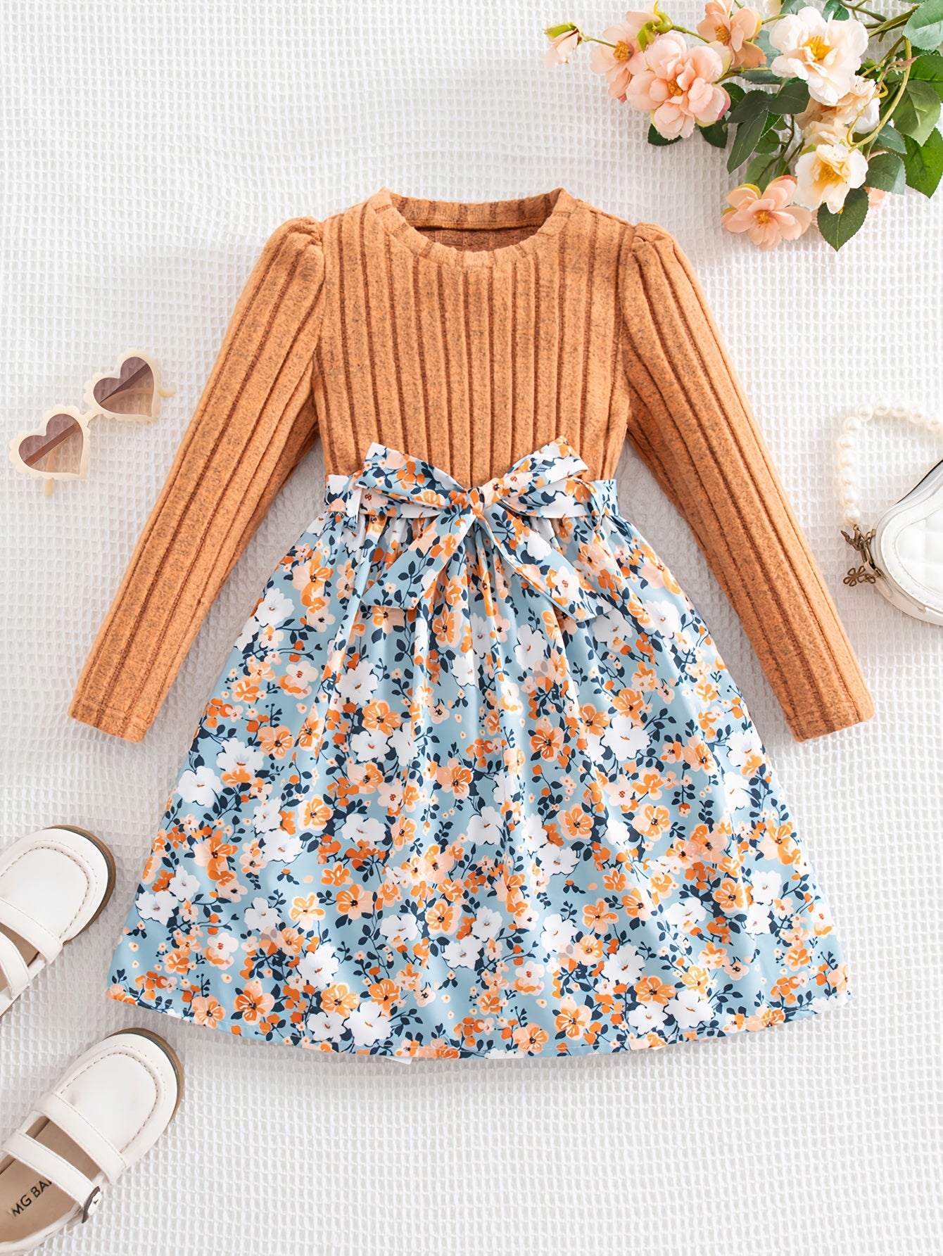 Girls' Long Sleeve Floral Print A-Line Dress with Belt - Pastoral Style Knit Patchwork Skirt, Round Neck Winter Warmth, Machine Washable Cozy Dress for Parties, Everyday & Vacation | Spring/Fall/Winter Outfits with Ruffled He